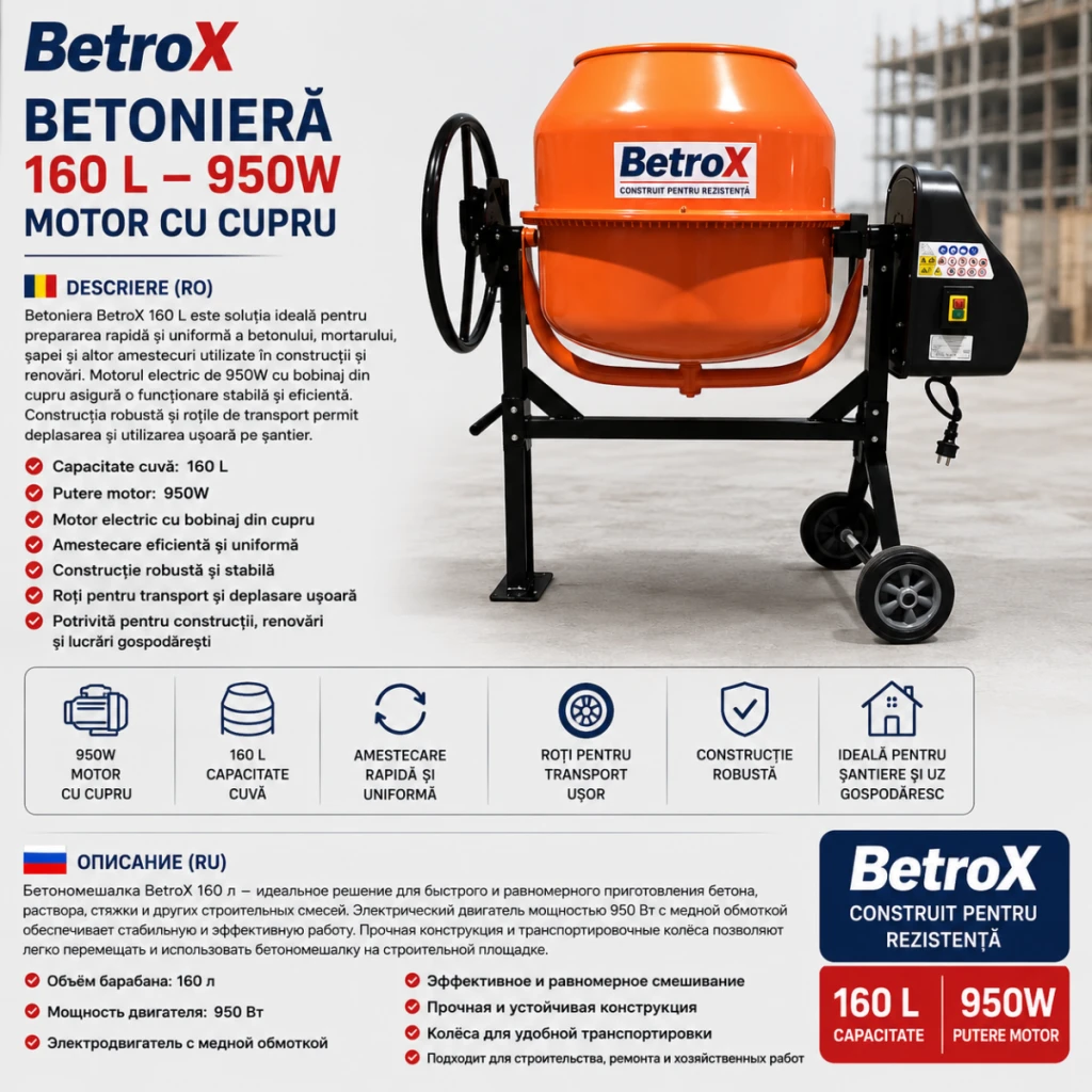 Бетономешалка betrox 140 л – 800 вт, двигатель с медной обмоткой 2