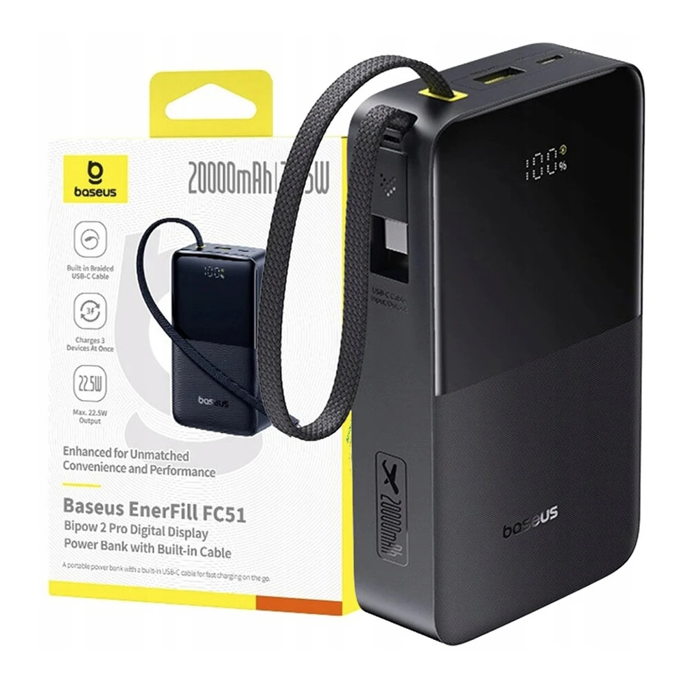 Baseus power bank 30000mah 22,5w with cable type-c 0.3m, enerfill fc51 bipow 2 pro digital display, cosmic black 3