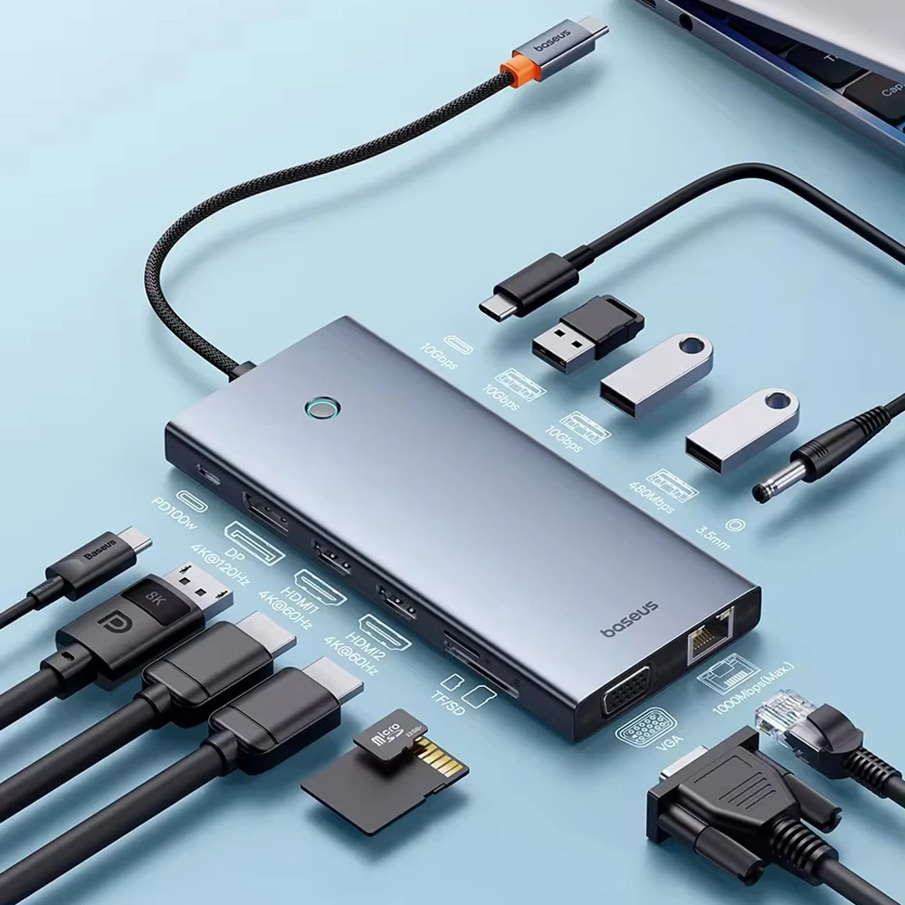 Baseus hub 13in1 type-c to usb-c to hdmi 4k@60hz*2+dp 4k@60hz*1+vga*1+usb3.1*2+type-c3.1*1+usb2.0*1+pd*1+rj45*1+sd/tf*1+3, portaljo series, space gray 3