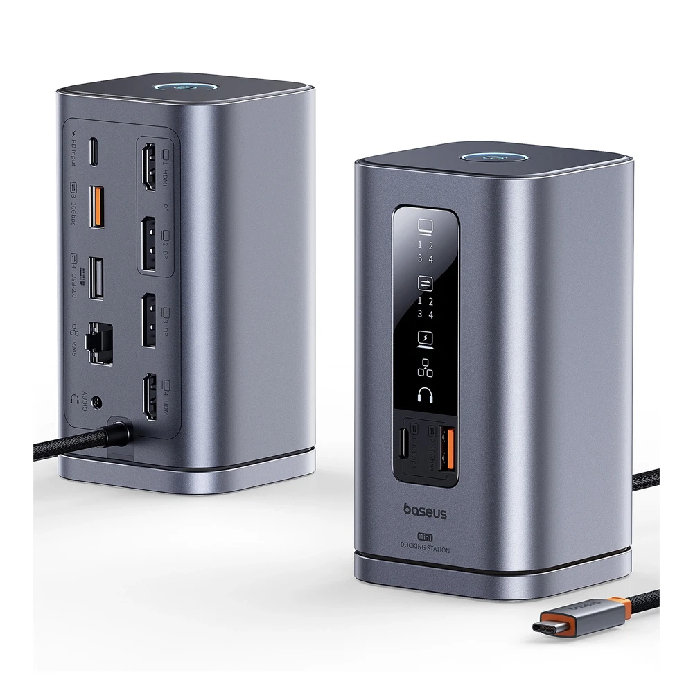 Baseus ds type-c to 2*hdmi 4k@60hz+2*dp 4k@60hz+2*usb-a (10gbps)+1*usb-c (10gbps)+1*rj45+1*usb-a (480mbps)+1*usb-c (pd)+1*3.5mm audio+charger(eu) 2