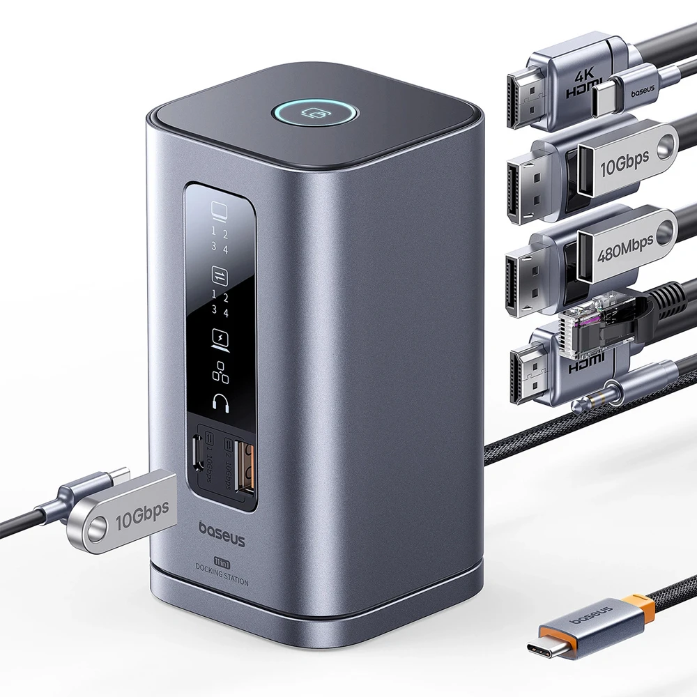 Baseus ds type-c to 2*hdmi 4k@60hz+2*dp 4k@60hz+2*usb-a (10gbps)+1*usb-c (10gbps)+1*rj45+1*usb-a (480mbps)+1*usb-c (pd)+1*3.5mm audio+charger(eu) 3