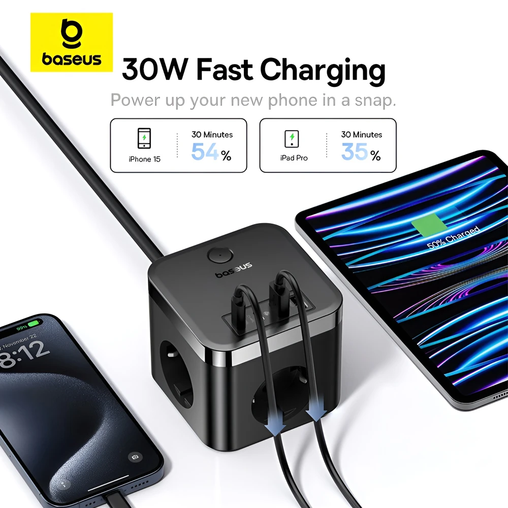 Baseus power strip cube 30w 3ac+2*usb-a+2*type-c 1,5m, powercombo cube, cluster black 3