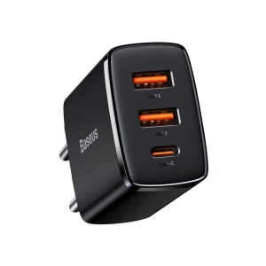 Baseus wall charger 2*usb-a+1*type-c, compact series, black