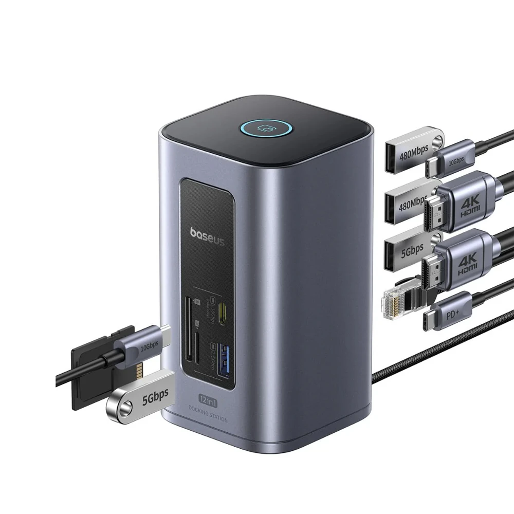 Baseus ds type-c to 2*hdmi 4k@60hz+2*usb-c (10gbps)+2*usb-a (5gbps)+2*usb-a (480mbps)+1*rj45+sd/tf 3.0+1*usb-c (pd), space grey 4