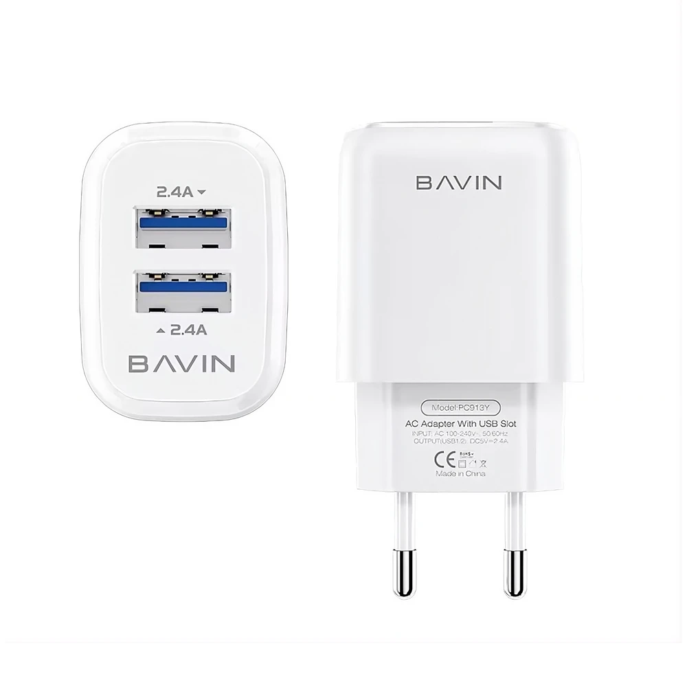 Bavin wall charger dual usb 2.4a + cable type-c, white 3