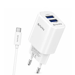 Bavin wall charger dual usb 2.4a + cable type-c, white