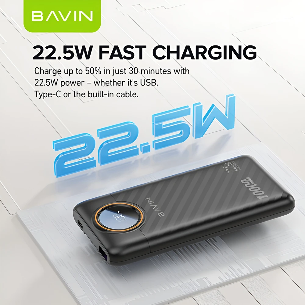 Bavin power bank 10000mah, 22.5w fast charging, built-in dual cables, led display, black 2