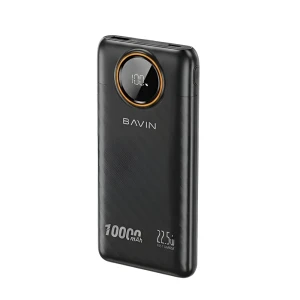 Bavin power bank 10000mah, 22.5w fast charging, built-in dual cables, led display, black