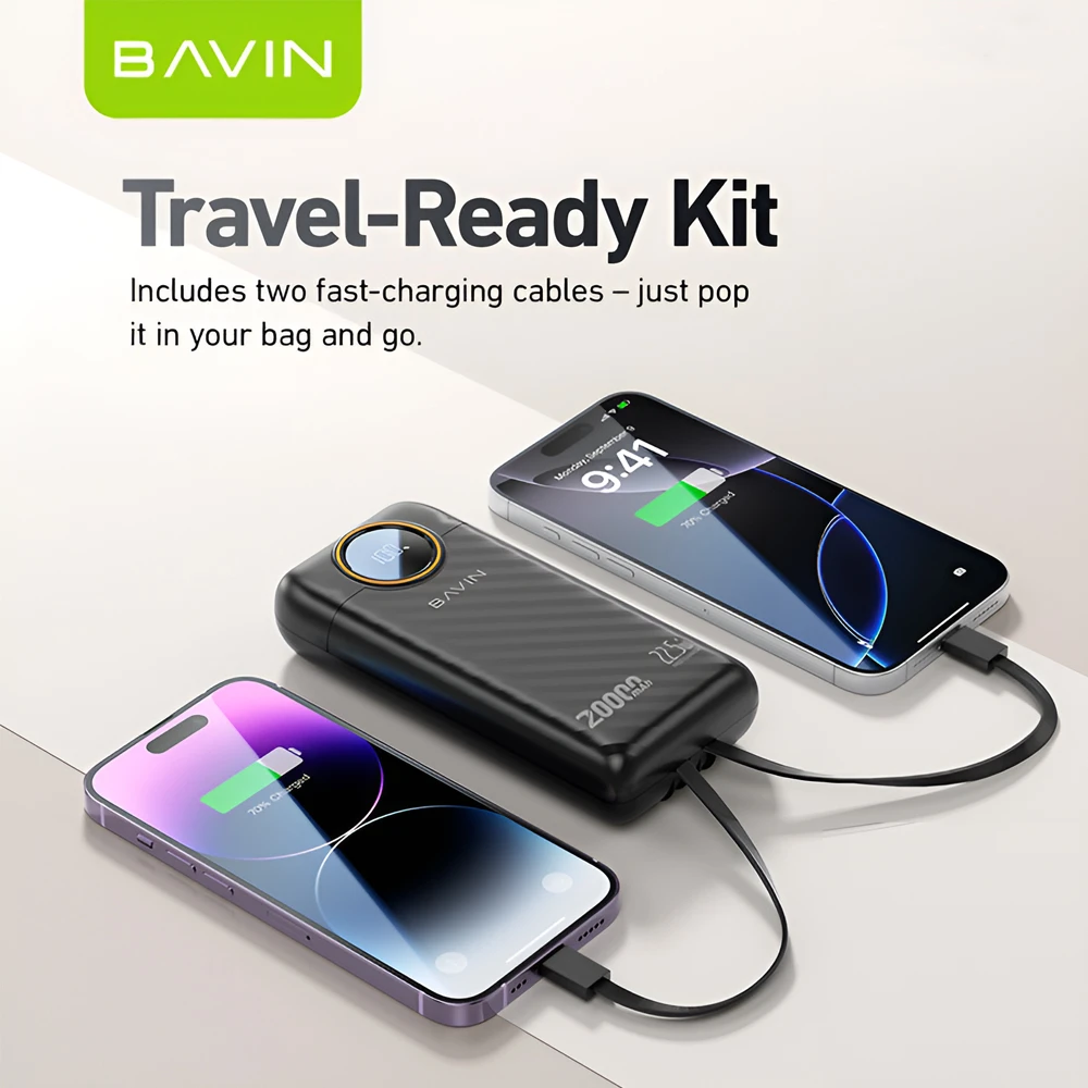 Bavin power bank 20000mah, 22.5w fast charging, built-in dual cables, led display, black 3