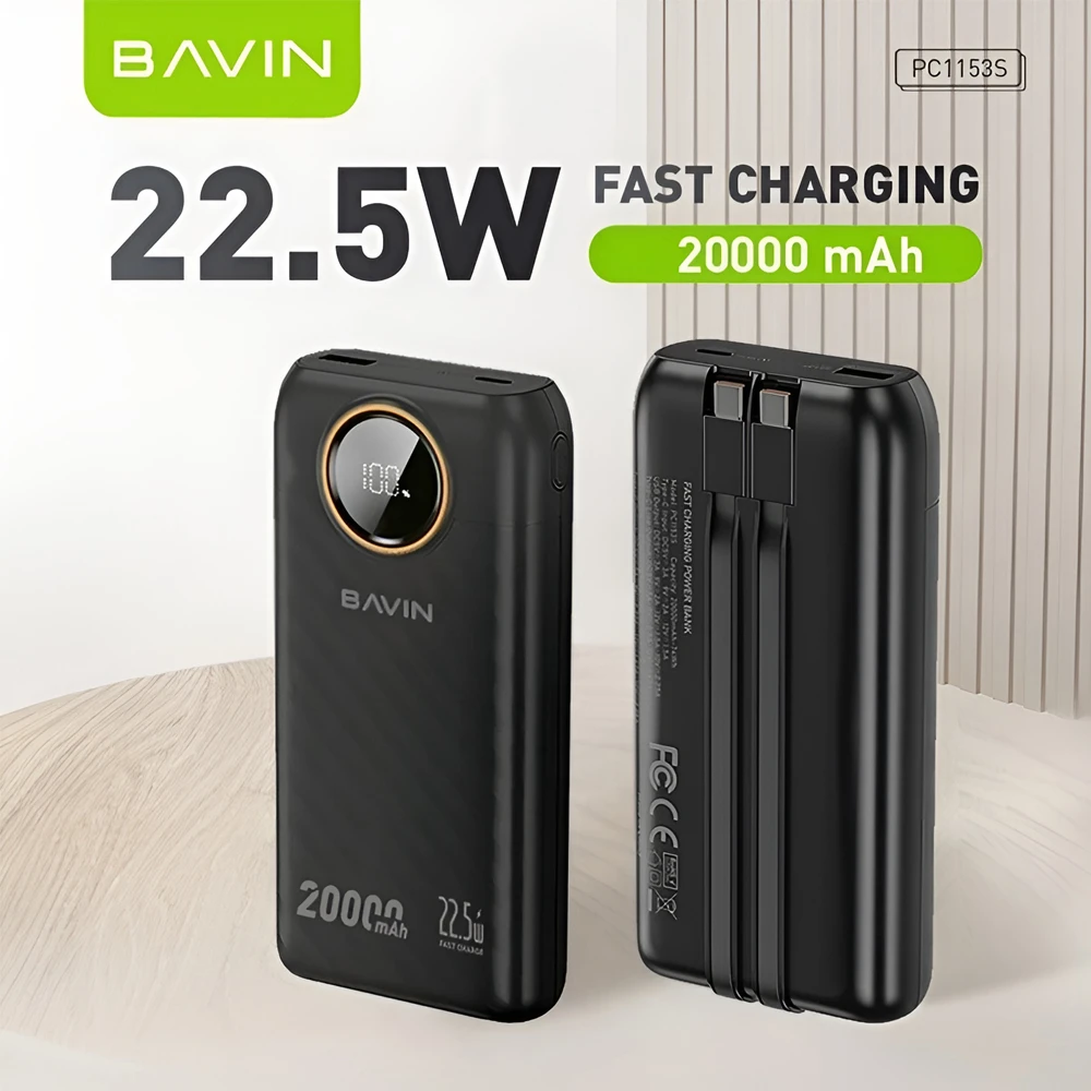 Bavin power bank 20000mah, 22.5w fast charging, built-in dual cables, led display, black 2