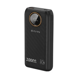 Bavin power bank 20000mah, 22.5w fast charging, built-in dual cables, led display, black