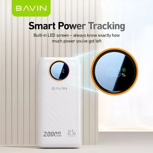 Bavin power bank 20000mah, 22.5w fast charging, built-in dual cables, led display, white Thumbnail 3