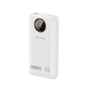 Bavin power bank 20000mah, 22.5w fast charging, built-in dual cables, led display, white