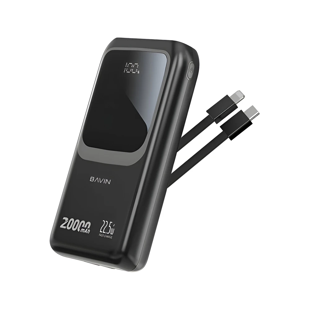 Bavin power bank 20000mah, 22.5w fast charging, built-in type-c & lightning cables, black 2