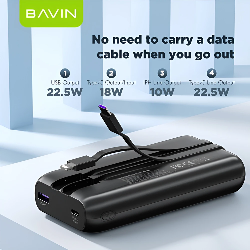 Bavin power bank 20000mah, 22.5w fast charging, built-in type-c & lightning cables, black 3