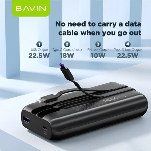 Bavin power bank 20000mah, 22.5w fast charging, built-in type-c & lightning cables, black Thumbnail 3