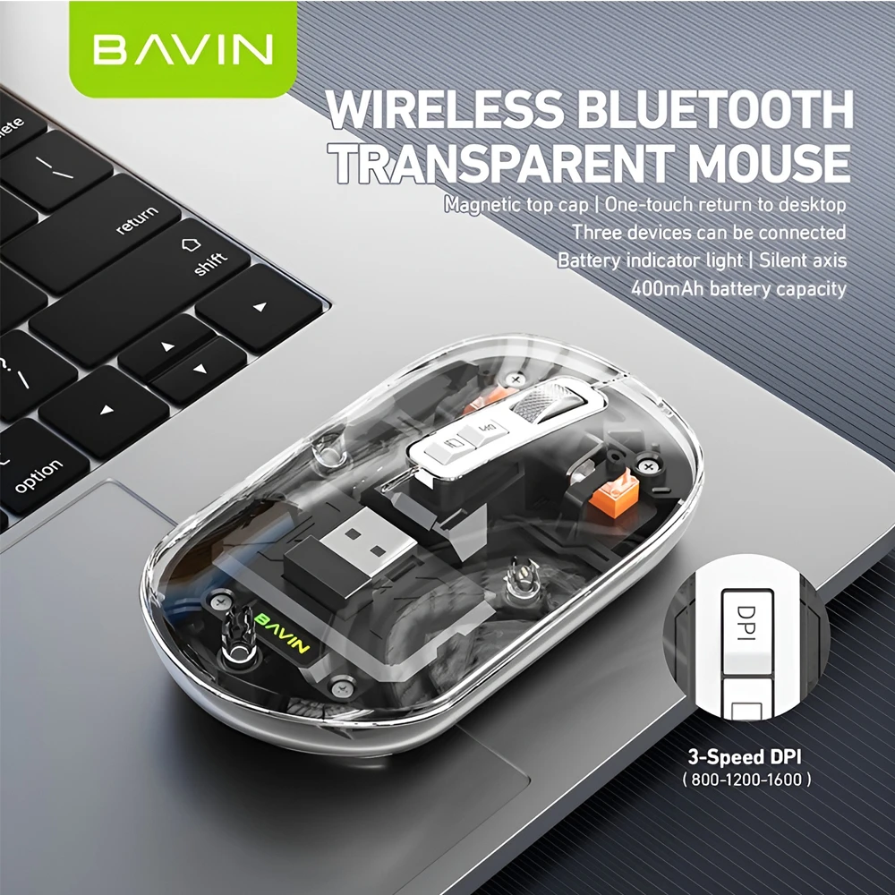 Bavin wireless transparent mouse, dual mode (bluetooth + 2.4g), 400mah battery, silent design, black 3