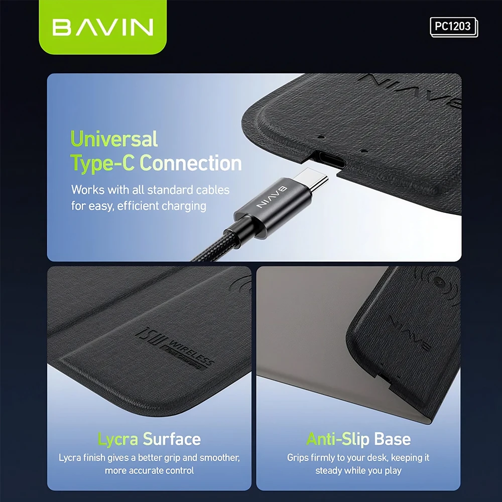 Bavin office essential mouse pad with 15w wireless charger, smart safety chip, black 3