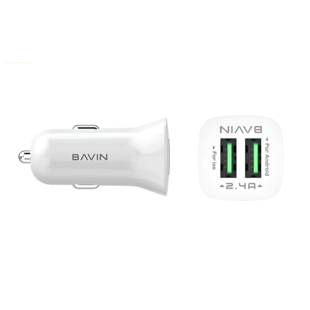 Bavin car charger dual usb 2.4a, intelligent output, white 2