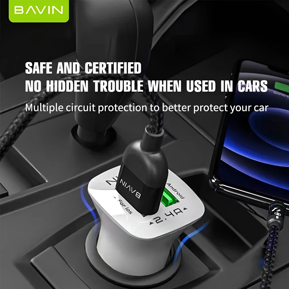 Bavin car charger dual usb 2.4a, intelligent output, white 3