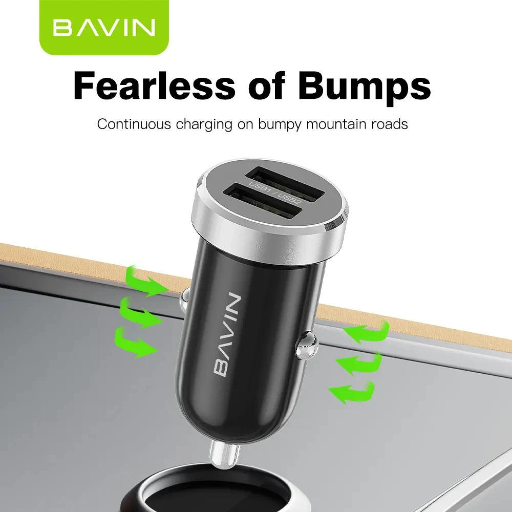 Bavin car charger dual usb universal + cable type-c, 2.4a,12w, black 3
