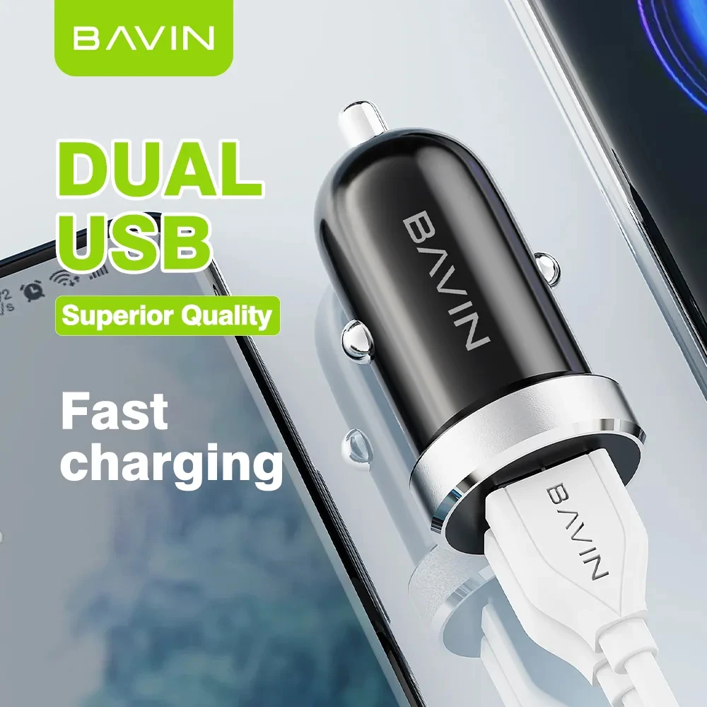 Bavin car charger dual usb universal + cable micro-usb, 2.4a,12w, black 2