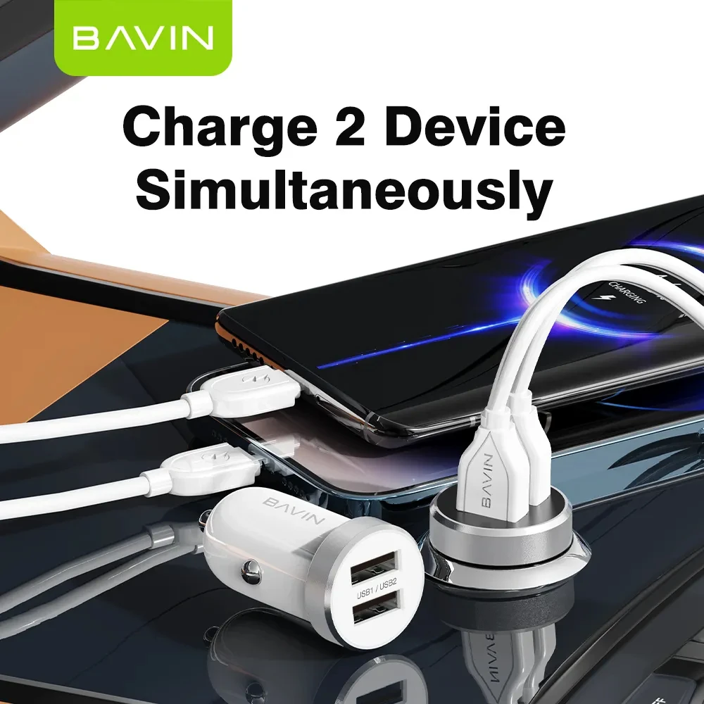 Bavin car charger dual usb universal + cable type-c, 2.4a,12w, white 2