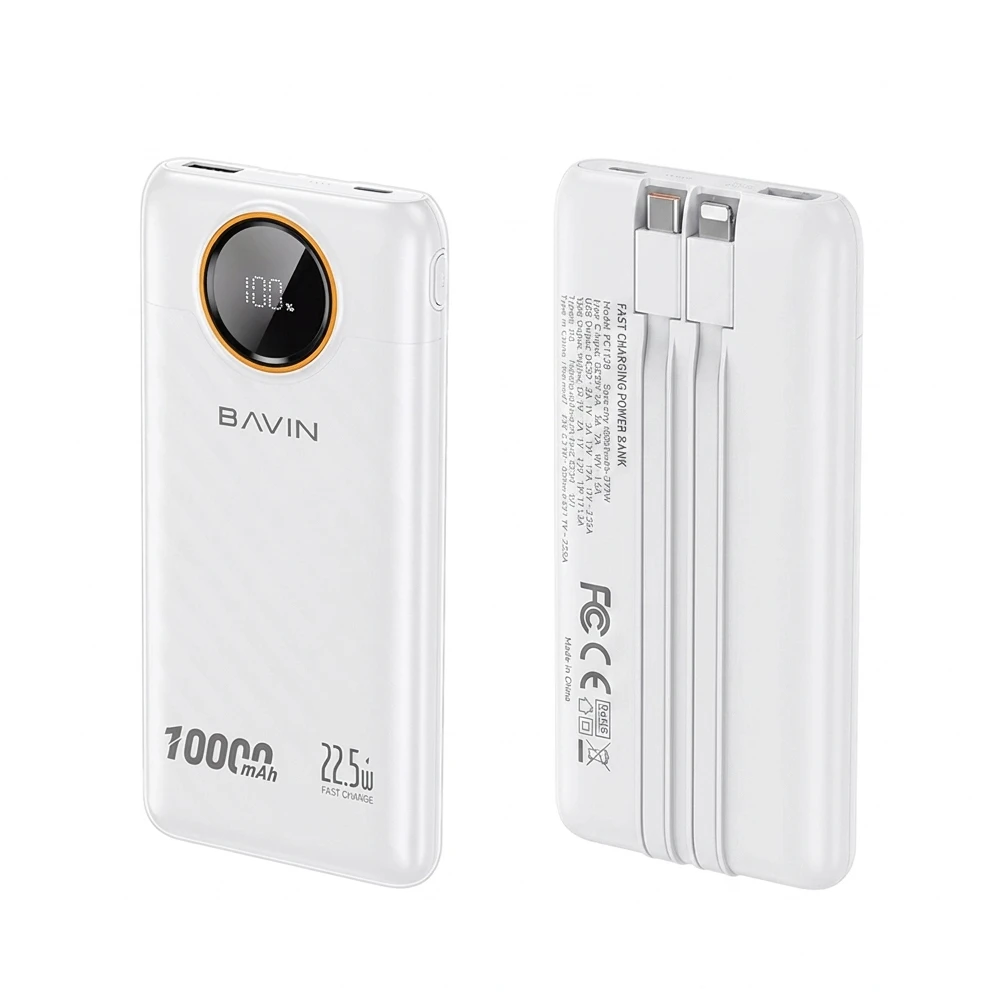 Bavin power bank 10000mah, 22.5w fast charging, built-in dual cables, led display, white 2