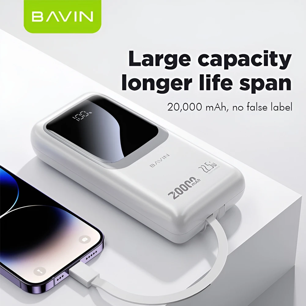 Bavin power bank 20000mah, 22.5w fast charging, built-in type-c & lightning cables, white 3