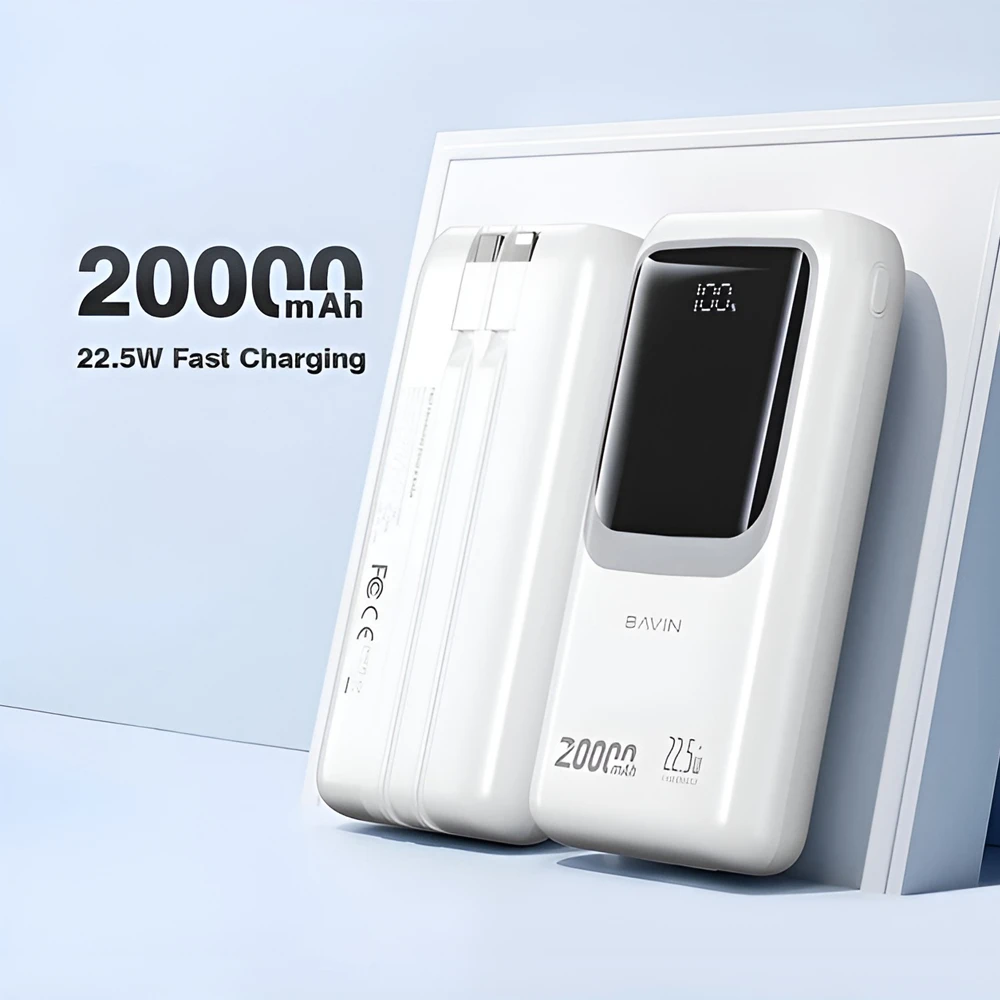 Bavin power bank 20000mah, 22.5w fast charging, built-in type-c & lightning cables, white 2