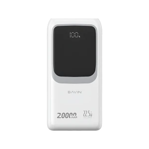 Bavin power bank 20000mah, 22.5w fast charging, built-in type-c & lightning cables, white