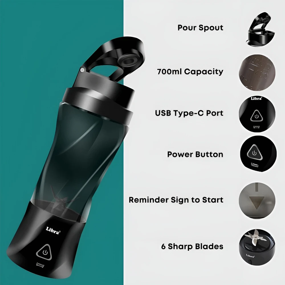 Портативный блендер libra большой емкости usb-c 95x95x280 мм, черный 4