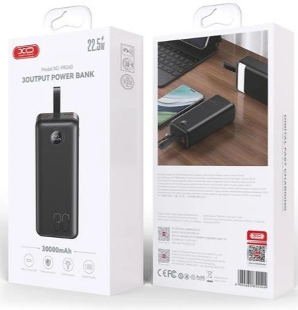 Încărcător rapid digital xo pr240 usb-c 20w/usb-a 22.5w 30000mah (cu lumină led) negru 2