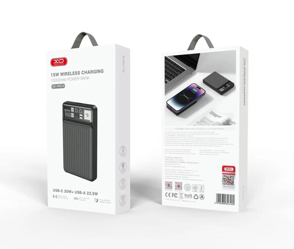 Baterie externă magnetică metalică xo pr294 cu încărcare rapidă (încărcare wireless 15w + usb-c 20w) 10000mah gri 2