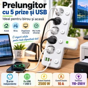 Adaptor multipriză cu 5 prize și usb, 2500 w