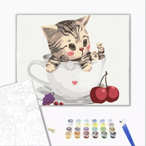Картина по номерам 30*40 см (без упаковки) - кошечка в кружке 2