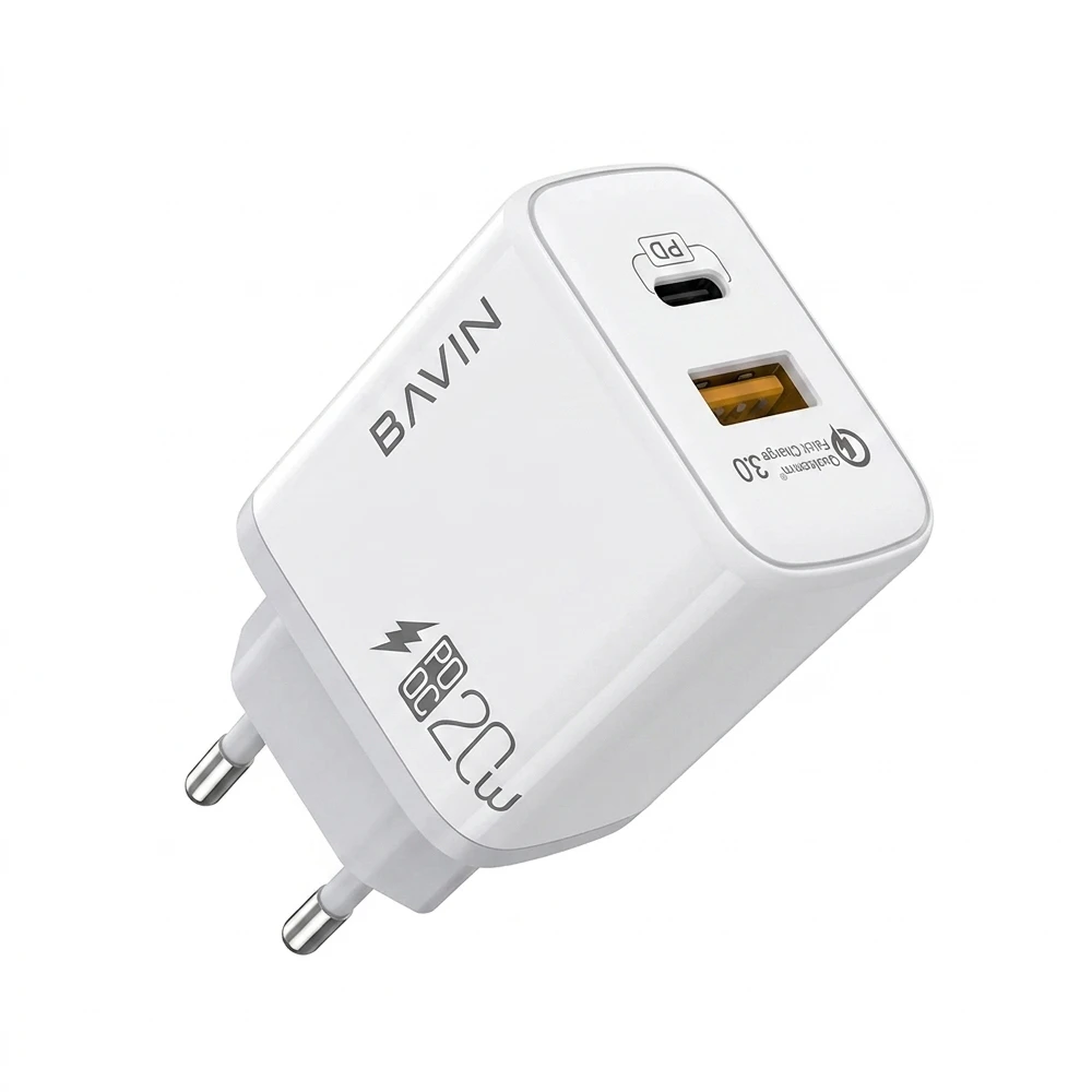 Bavin wall charger usb/type-c pd, qc3.0 20w, white 2