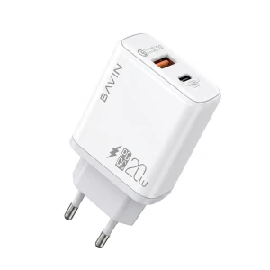 Bavin wall charger usb/type-c pd, qc3.0 20w, white