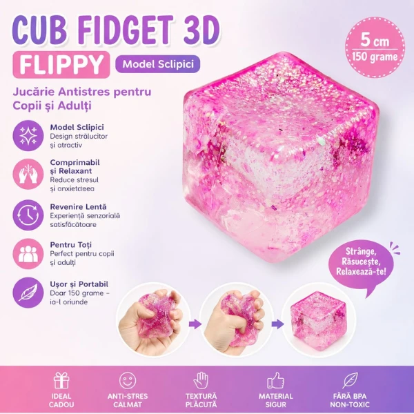 Антистресс-куб «squish stretch ball» с блестками, 5×5×5 см, розовый 5