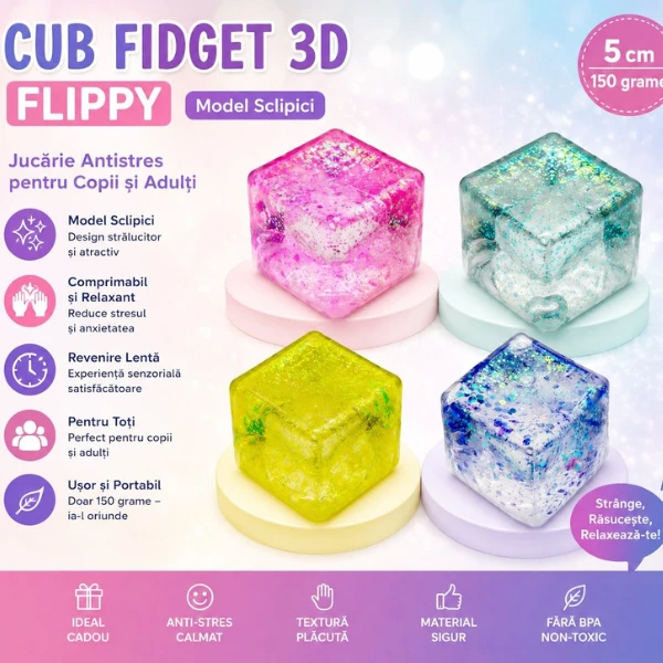 Антистресс-куб «squish stretch ball» с блестками, 5×5×5 см, розовый 6