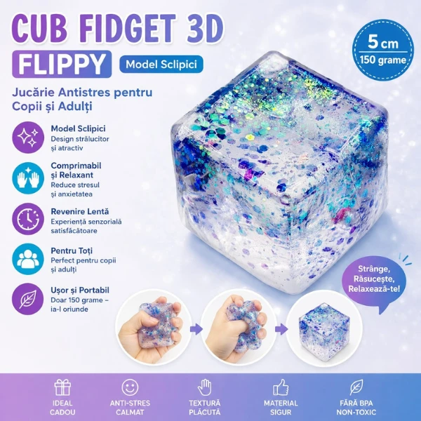 Антистресс-куб «squish stretch ball» с блестками, 5×5×5 см 5