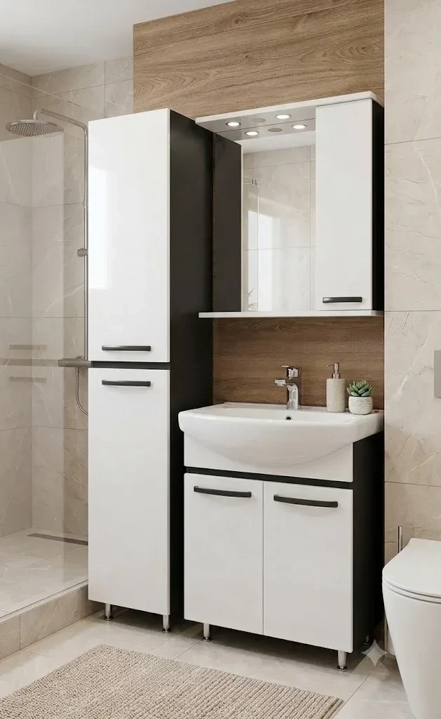 Dulap baie vertical agat alb- antracit cu rafturi - 350mm*1900mm 2