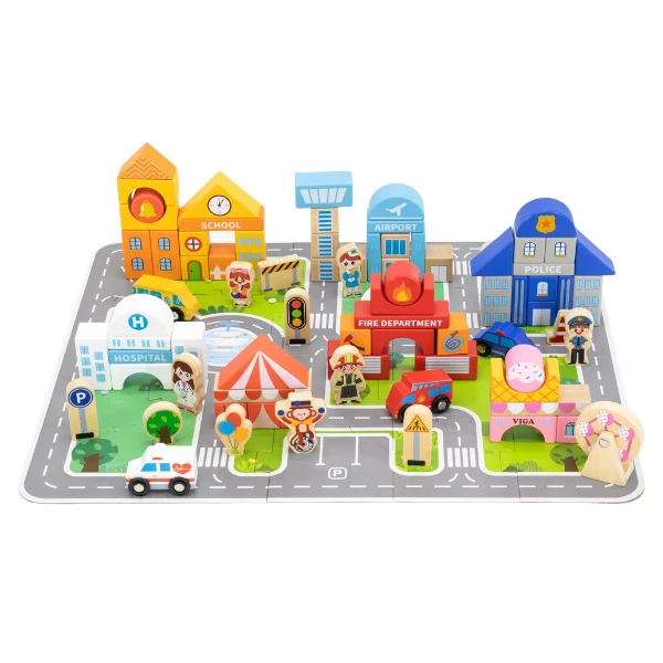Set de construcție din lemn „oraș” cu planșă de joc, 100 de piese 2