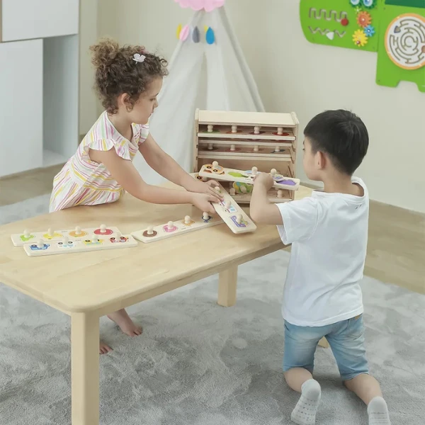 Set de puzzle-uri din lemn cu buton și suport, 12 puzzle-uri 3