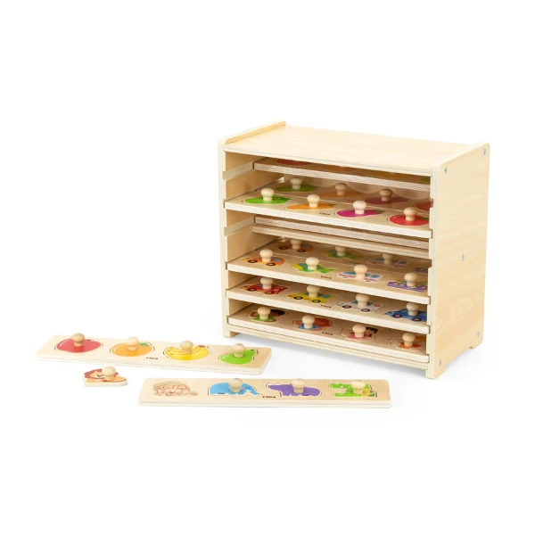 Set de puzzle-uri din lemn cu buton și suport, 12 puzzle-uri 2
