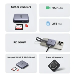 Ugreen кардридер 3в1 usb-c 3.0 на sd + tf + pd3.0, magsafe | cm898, серый Thumbnail 2
