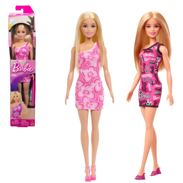 Păpușa barbie fashion cu părul blond și rochie roz cu logo-ul barbie imprimat 5