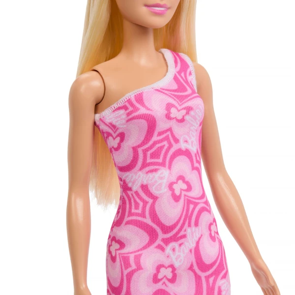 Păpușa barbie fashion cu părul blond și rochie roz cu logo-ul barbie imprimat 3