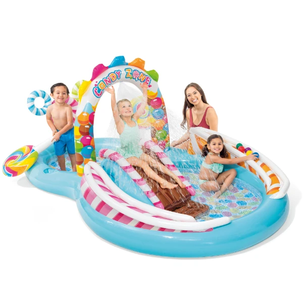 Intex детский надувной центр — бассейн с горкой карамель 295x191x130см, 206л, 2+ 2