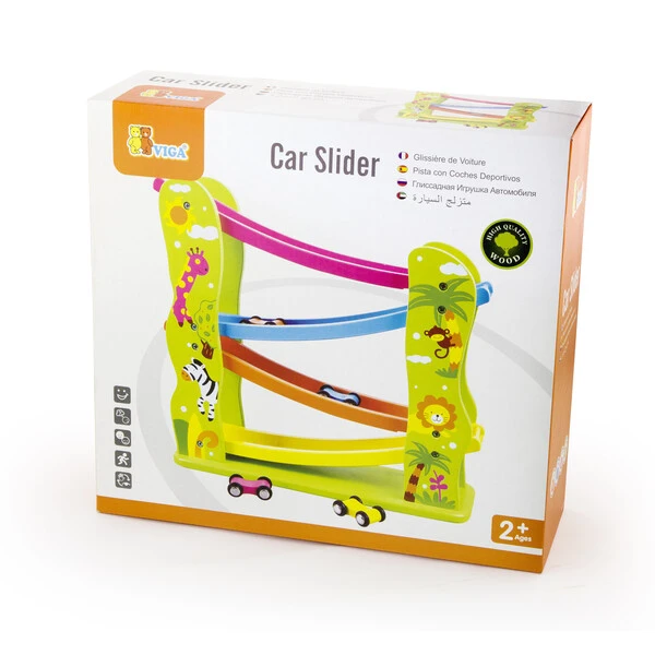 Pistă auto din lemn cu tobogan și mașini 3